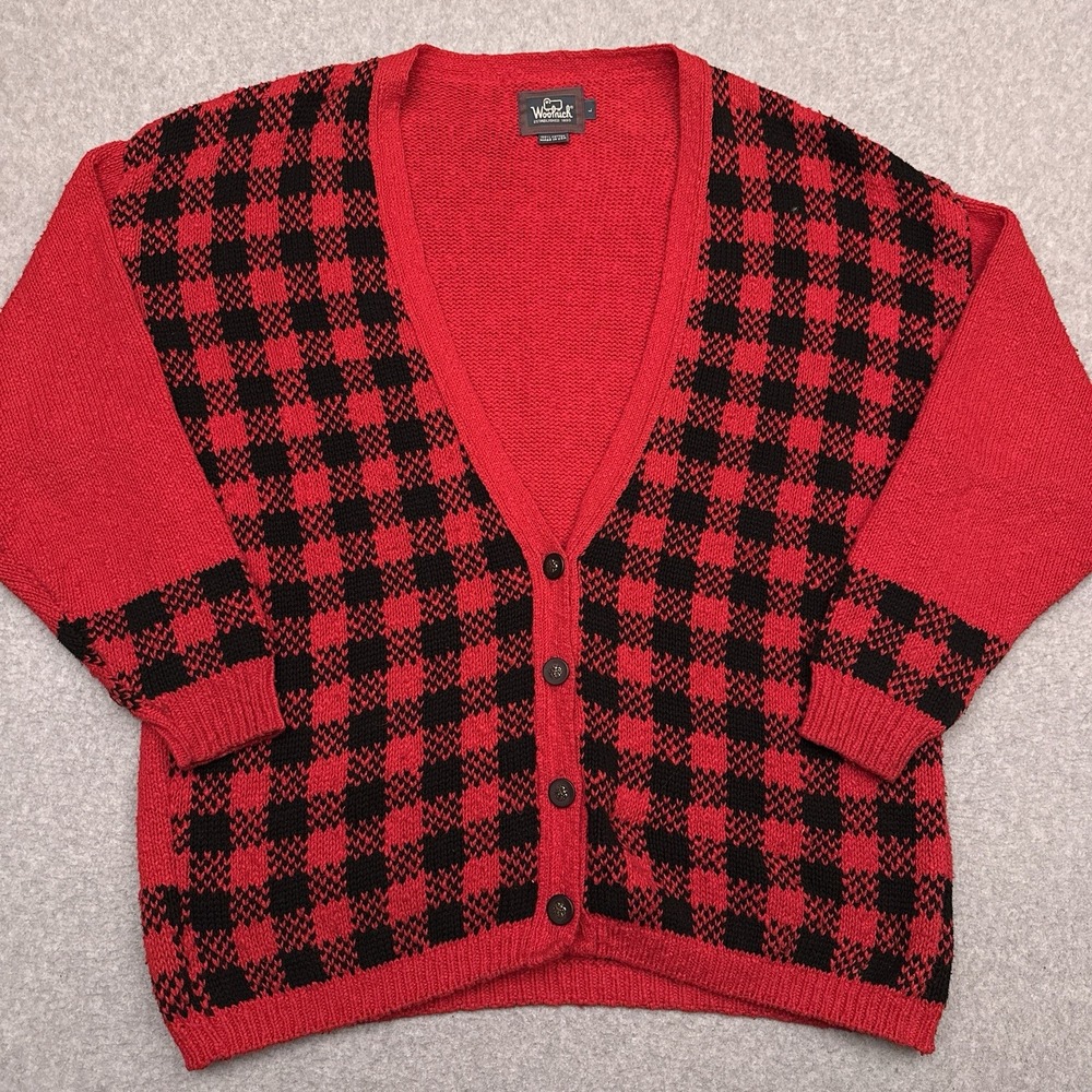 Vintage Woolrich Cardigan Sweater Men's L Red Buffalo Check Cotton Made in USA‎